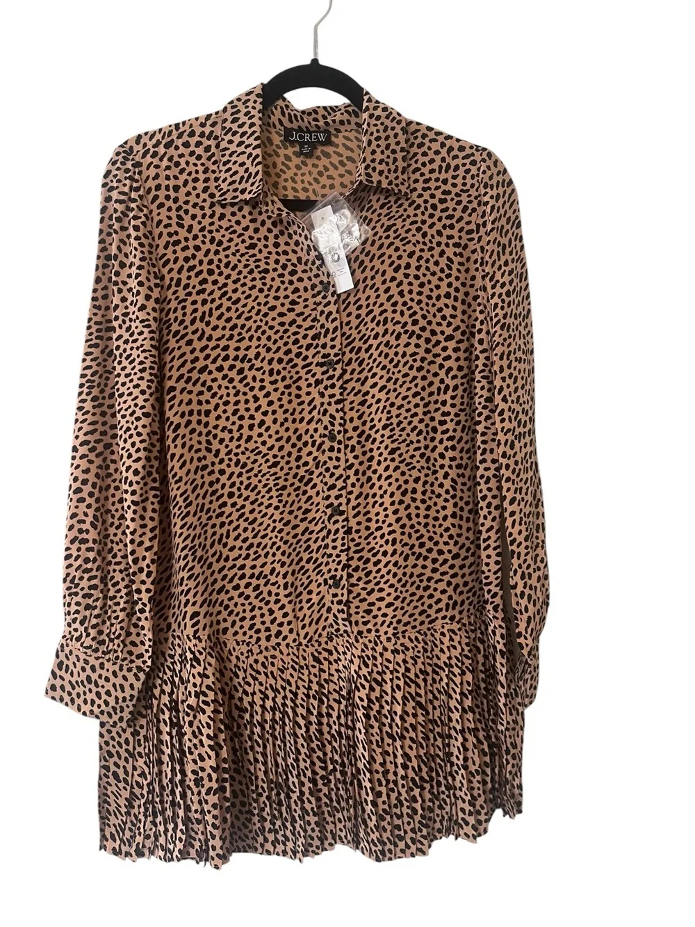 J. Crew Tan and Black Animal Print Long-Sleeve Pleated Shirt Dress